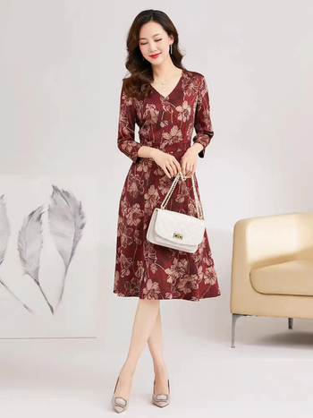 Haljina s A-linijom, midi duljine, 3/4 rukava, polo ovratnik, visok struk, elegantan retro stil za vjenčanja