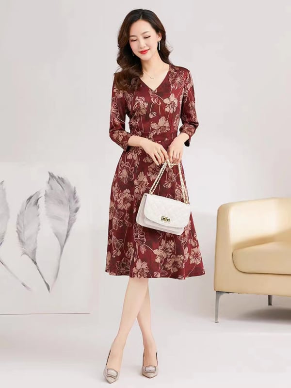 Haljina s A-linijom, midi duljine, 3/4 rukava, polo ovratnik, visok struk, elegantan retro stil za vjenčanja