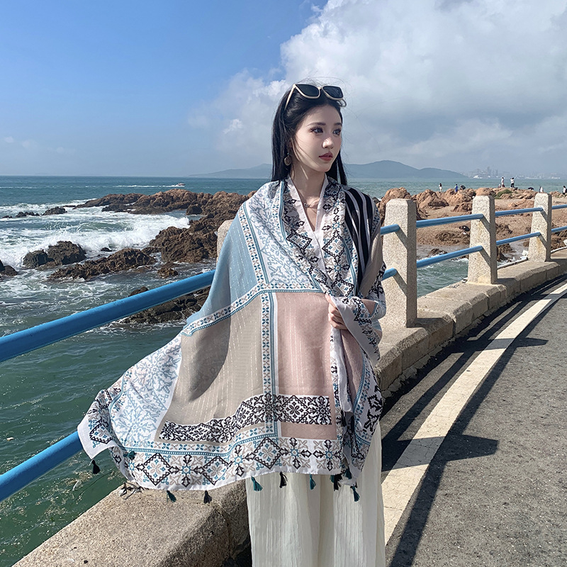 Boho šal za zaštitu od sunca za plažu – pamuk-poliesterska smjesa, twill pletenje, zaštita od sunca, četiri sezone