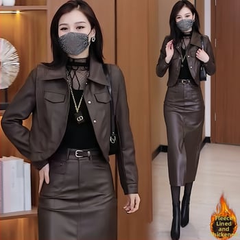 Jachetă de piele PU pentru femei – croială slim, guler polo, mâneci lungi, închidere cu un rând de catarame multiple, finisaj din piele spălată