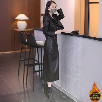 Jachetă de piele PU pentru femei – croială slim, guler polo, mâneci lungi, închidere cu un rând de catarame multiple, finisaj din piele spălată