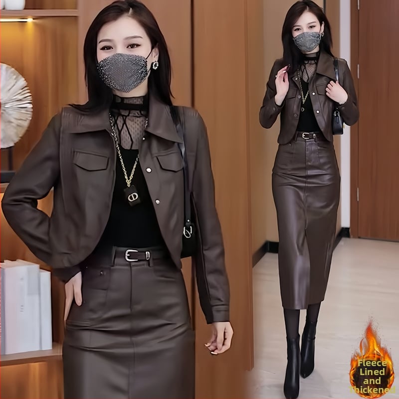 Jachetă de piele PU pentru femei – croială slim, guler polo, mâneci lungi, închidere cu un rând de catarame multiple, finisaj din piele spălată