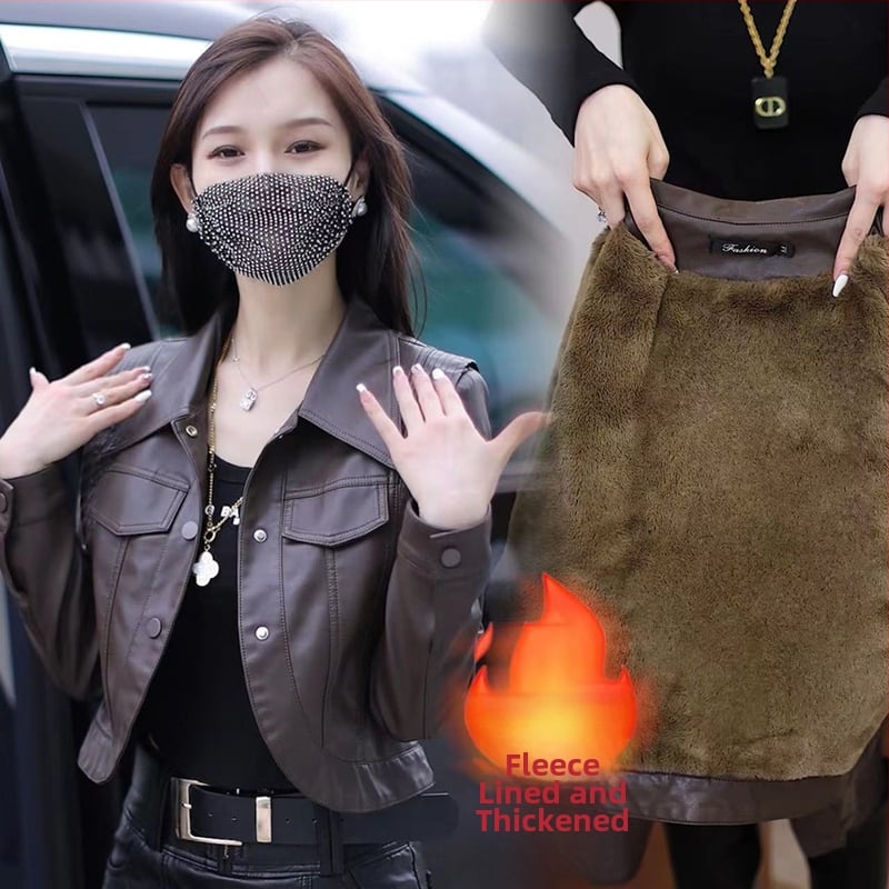 Jachetă de piele PU pentru femei – croială slim, guler polo, mâneci lungi, închidere cu un rând de catarame multiple, finisaj din piele spălată