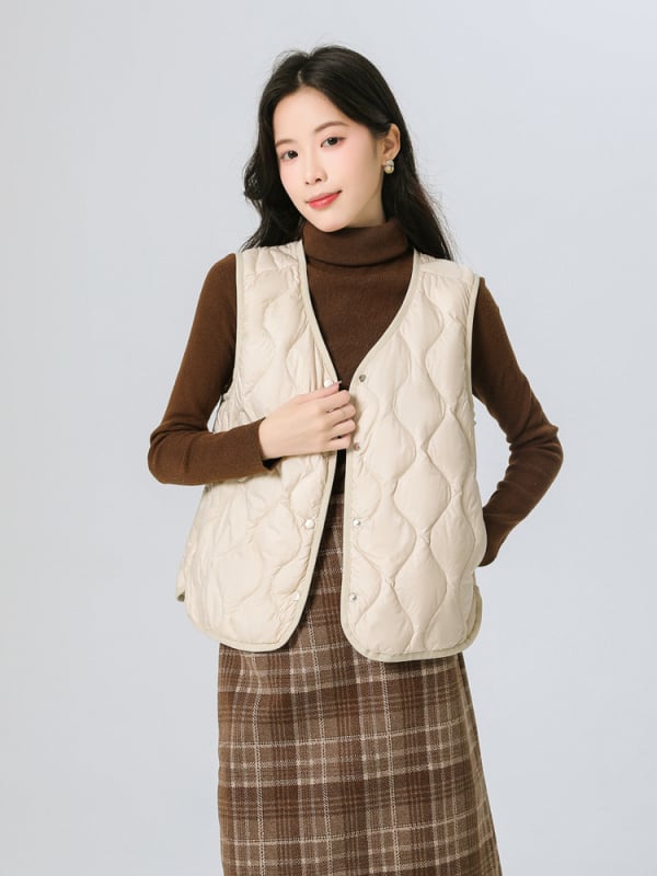 Γυναικείο γιλέκο από πούπουλο, λεπτό, V-λαιμό, μοτίβο κολοκύθας, γέμισμα από λευκό πούπουλο 86–90%, κοντό μήκος, εξωτερικό ύφασμα πολυεστέρα 95%+