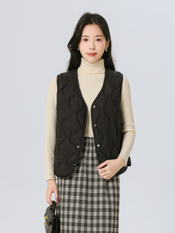 Γυναικείο γιλέκο από πούπουλο, λεπτό, V-λαιμό, μοτίβο κολοκύθας, γέμισμα από λευκό πούπουλο 86–90%, κοντό μήκος, εξωτερικό ύφασμα πολυεστέρα 95%+