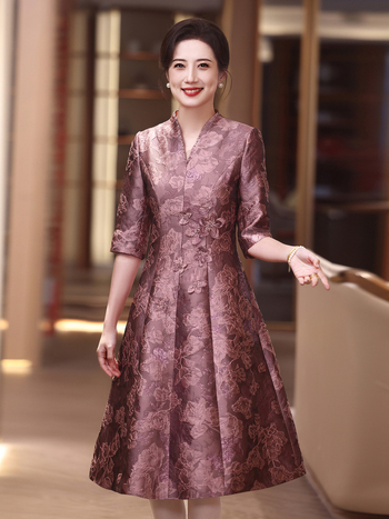 Рокля за свекърва на сватба, жакардова материя, полиестер 50–70% със спандекс <30%, средна дължина, пролет 2025, стил социалити