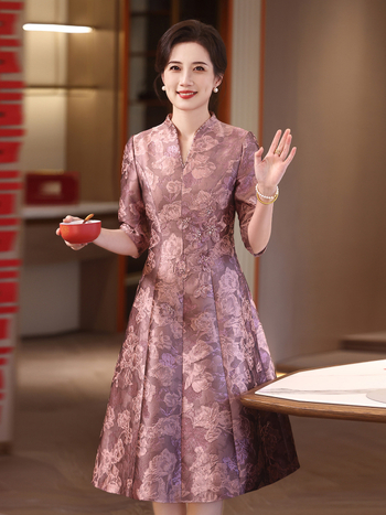 Рокля за свекърва на сватба, жакардова материя, полиестер 50–70% със спандекс <30%, средна дължина, пролет 2025, стил социалити