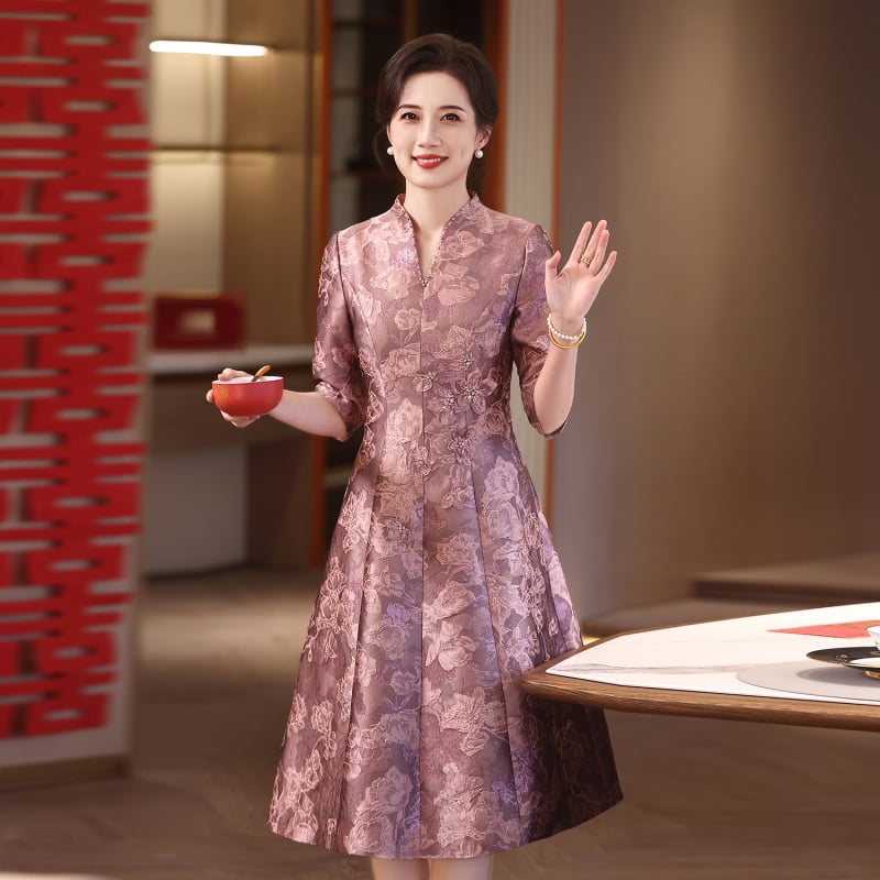 Рокля за свекърва на сватба, жакардова материя, полиестер 50–70% със спандекс <30%, средна дължина, пролет 2025, стил социалити