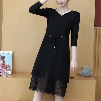 Poliészterből készült ruha V-nyakkal, hosszú ujjú, elasztikus derék, A-vonalú sziluett