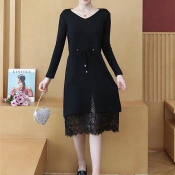 Poliészterből készült ruha V-nyakkal, hosszú ujjú, elasztikus derék, A-vonalú sziluett