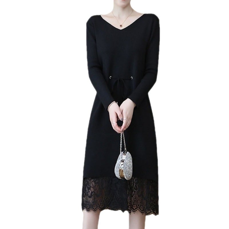 Poliészterből készült ruha V-nyakkal, hosszú ujjú, elasztikus derék, A-vonalú sziluett