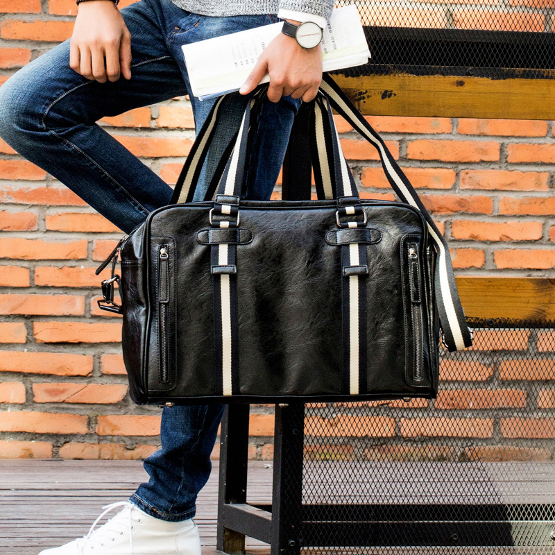 Muška torba preko ramena, PU koža, stil poslovni elit, prugasti uzorak, podstava od poliester-bavlna, za rekreacijska putovanja