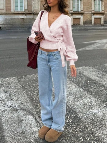 Дамски плетен пуловер топ с V-образно деколте, дълги ръкави, свободна кройка, плетена материя