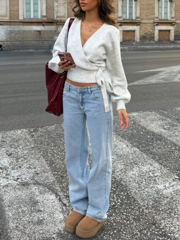 Дамски плетен пуловер топ с V-образно деколте, дълги ръкави, свободна кройка, плетена материя