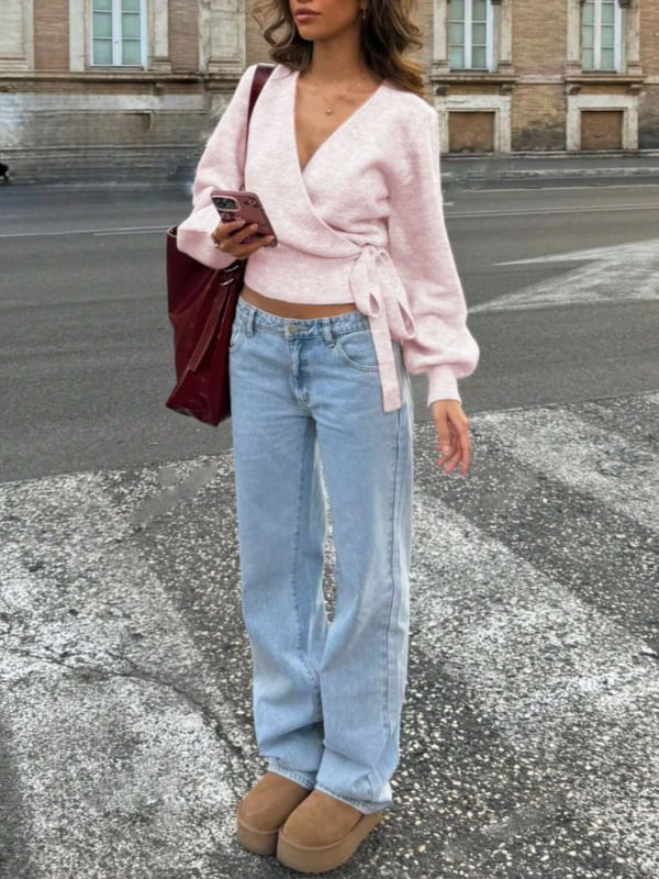 Дамски плетен пуловер топ с V-образно деколте, дълги ръкави, свободна кройка, плетена материя