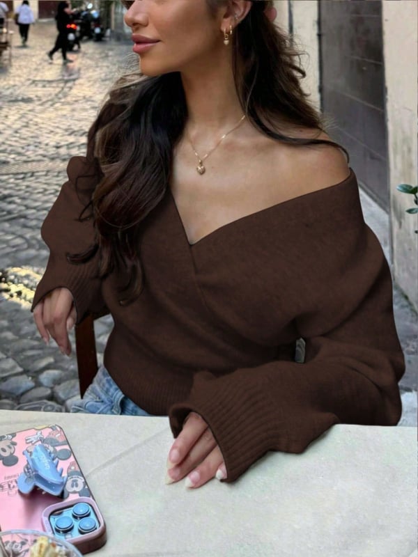 Дамски плетен пуловер топ с V-образно деколте, дълги ръкави, свободна кройка, плетена материя