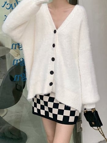 Дамски кардиган от изкуствен велур с мъхест ефект - свободна кройка, V-образно деколте, дълги ръкави, средна дължина