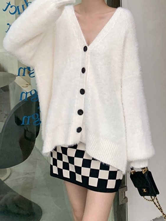 Дамски кардиган от изкуствен велур с мъхест ефект - свободна кройка, V-образно деколте, дълги ръкави, средна дължина