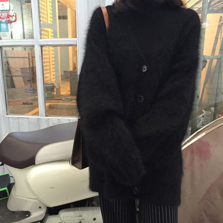 Дамски кардиган от изкуствен велур с мъхест ефект - свободна кройка, V-образно деколте, дълги ръкави, средна дължина