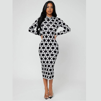 Rochie - amestec bumbac-poliester, imprimare digitală, imprimeu, decolteu rotund, mâneci lungi