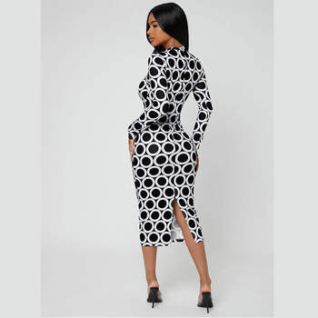 Rochie - amestec bumbac-poliester, imprimare digitală, imprimeu, decolteu rotund, mâneci lungi