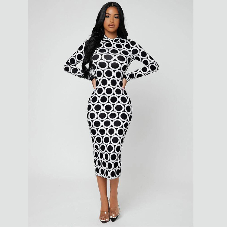 Rochie - amestec bumbac-poliester, imprimare digitală, imprimeu, decolteu rotund, mâneci lungi