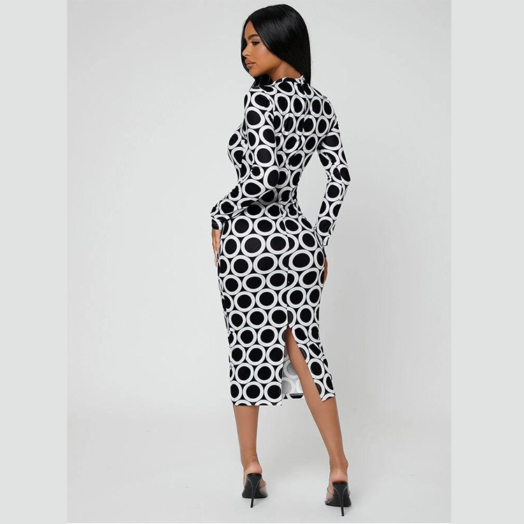 Rochie - amestec bumbac-poliester, imprimare digitală, imprimeu, decolteu rotund, mâneci lungi