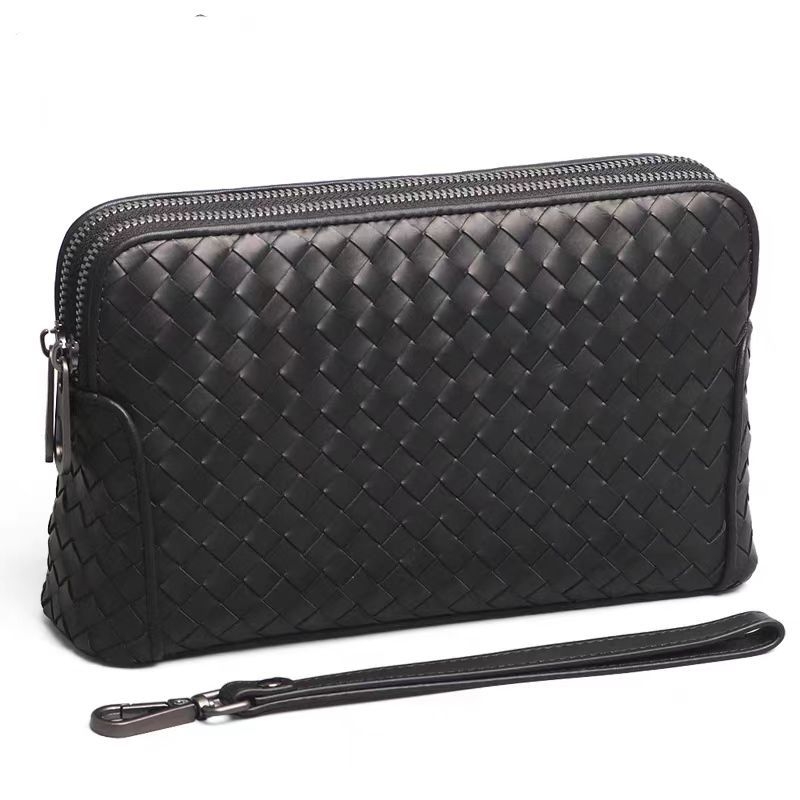 Muška clutch torba od prave kože, ručno pletena, s velikim kapacitetom, dvostruki zatvarač, poliester podstava