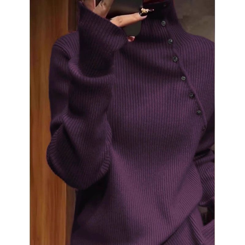 Pulover tricotat pentru femei, guler înalt, umeri căzuți, grosime medie; principalul material: lână de oaie; țesătură: blană de iepure