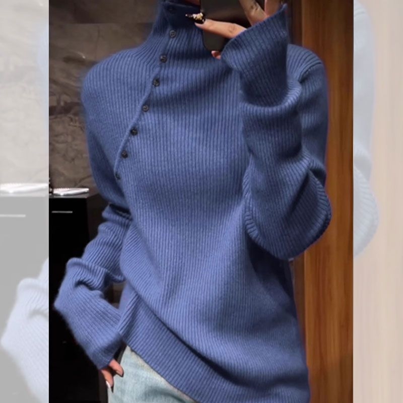 Pulover tricotat pentru femei, guler înalt, umeri căzuți, grosime medie; principalul material: lână de oaie; țesătură: blană de iepure