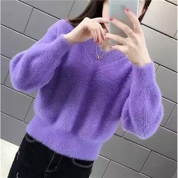 Удебелен Mink Velvet суитър с V-образно деколте, свободен силует, дълги ръкави, урбан стил