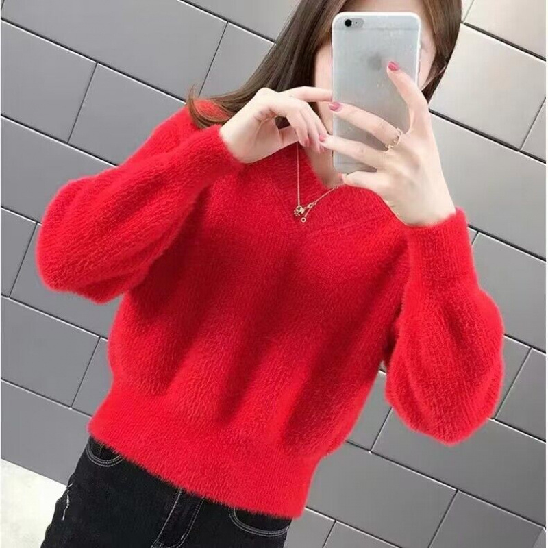 Удебелен Mink Velvet суитър с V-образно деколте, свободен силует, дълги ръкави, урбан стил