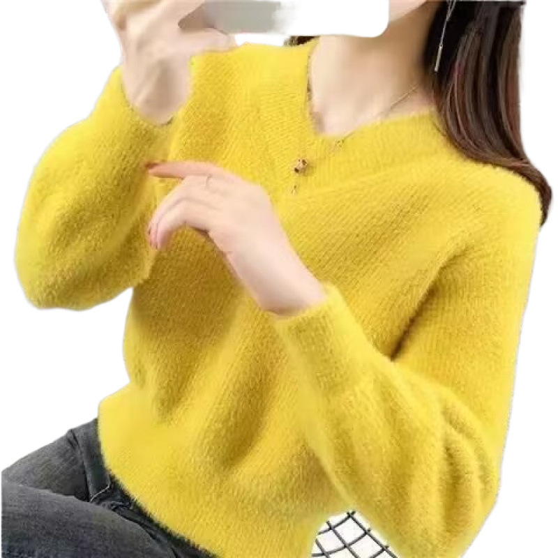 Удебелен Mink Velvet суитър с V-образно деколте, свободен силует, дълги ръкави, урбан стил