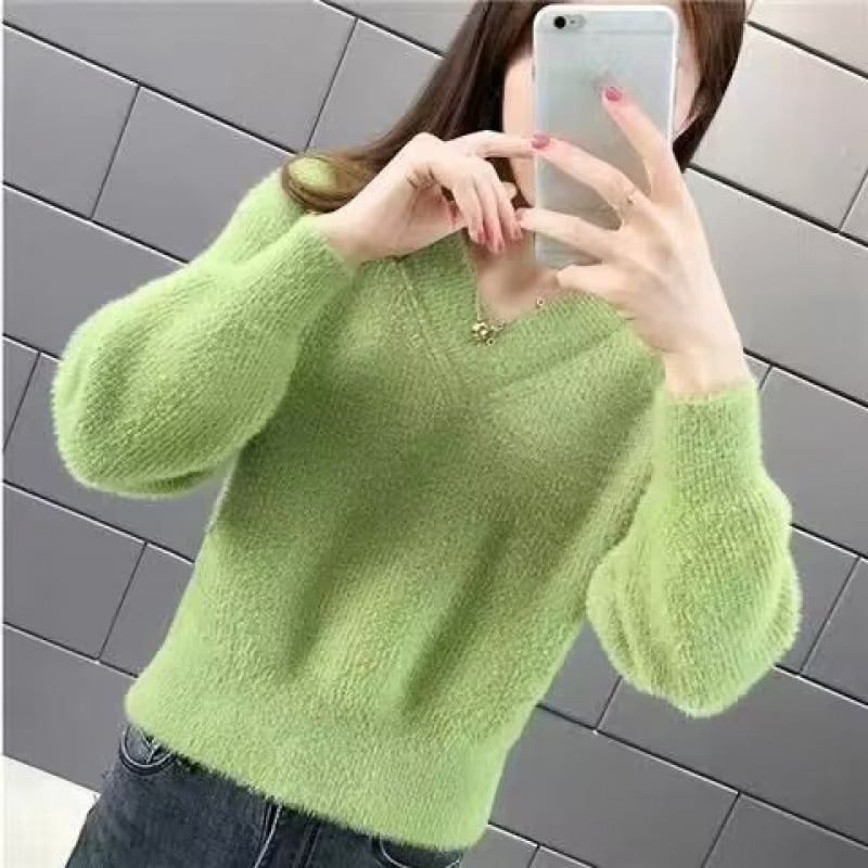 Удебелен Mink Velvet суитър с V-образно деколте, свободен силует, дълги ръкави, урбан стил