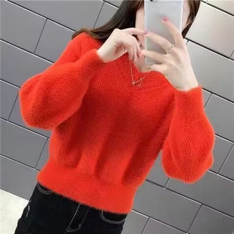 Удебелен Mink Velvet суитър с V-образно деколте, свободен силует, дълги ръкави, урбан стил