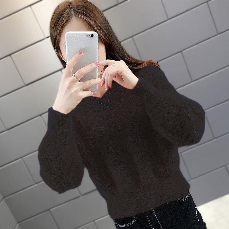 Удебелен Mink Velvet суитър с V-образно деколте, свободен силует, дълги ръкави, урбан стил