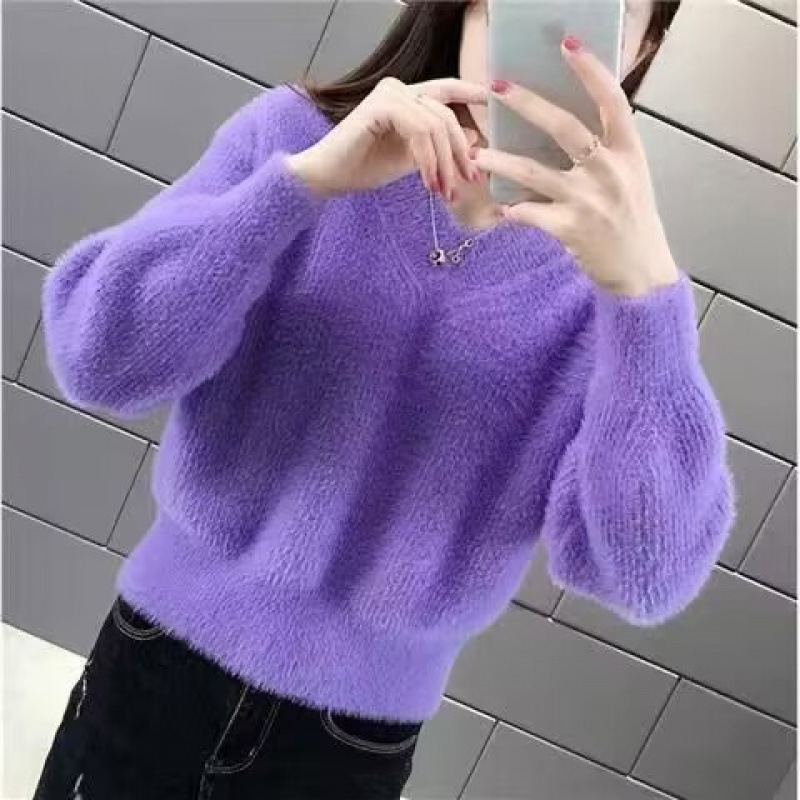 Удебелен Mink Velvet суитър с V-образно деколте, свободен силует, дълги ръкави, урбан стил