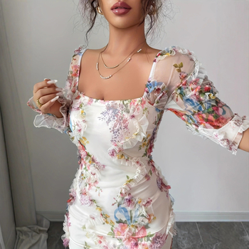 Rochie pentru femei cu imprimeu floral pe material tricotat, mâneci lungi, lungime medie