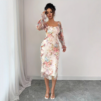 Rochie pentru femei cu imprimeu floral pe material tricotat, mâneci lungi, lungime medie