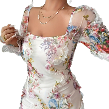 Rochie pentru femei cu imprimeu floral pe material tricotat, mâneci lungi, lungime medie