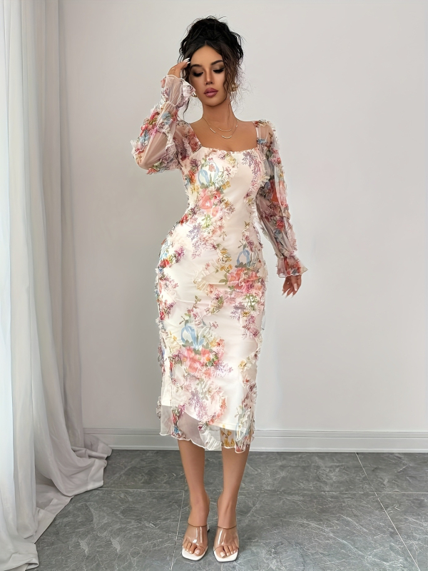 Rochie pentru femei cu imprimeu floral pe material tricotat, mâneci lungi, lungime medie