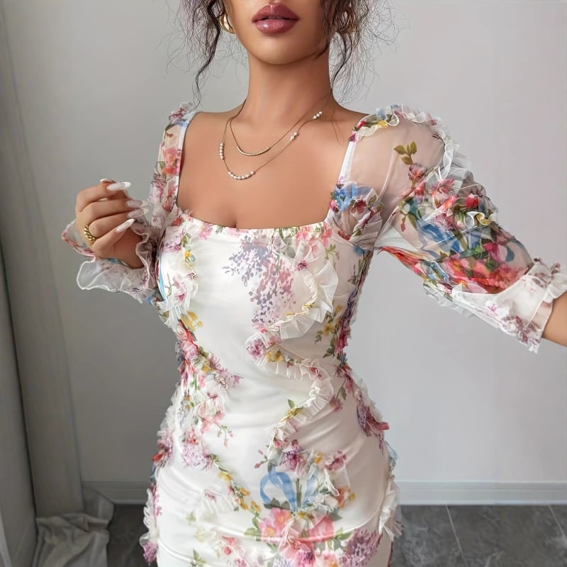 Rochie pentru femei cu imprimeu floral pe material tricotat, mâneci lungi, lungime medie