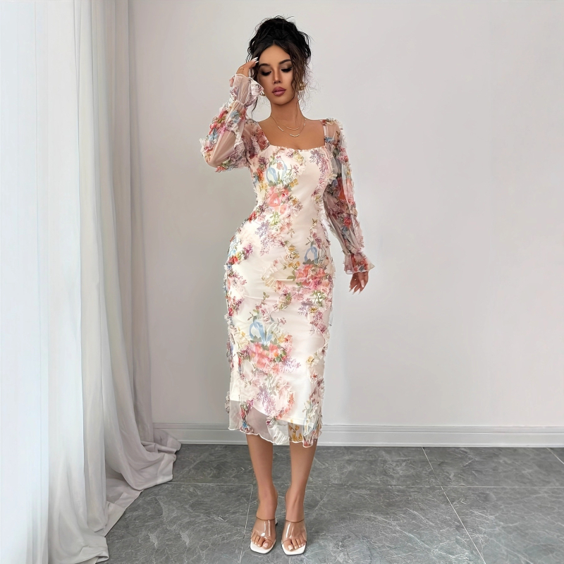 Rochie pentru femei cu imprimeu floral pe material tricotat, mâneci lungi, lungime medie
