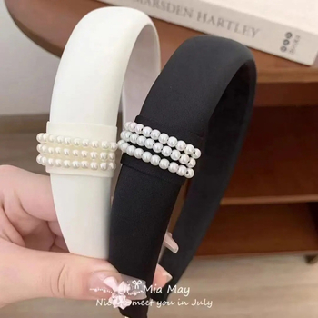 Bandă pentru păr cu perle, stil coreean, margine lată, din material, pentru femei, primăvara 2025, cu înălțime a coroanei