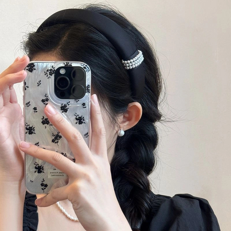 Bandă pentru păr cu perle, stil coreean, margine lată, din material, pentru femei, primăvara 2025, cu înălțime a coroanei