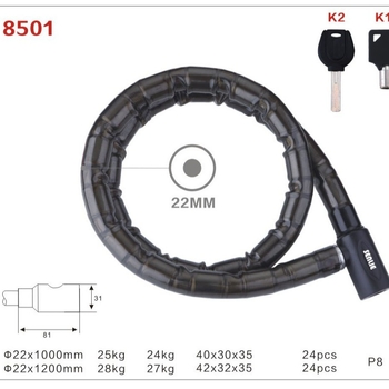 GK201.101 Κλειδαριά άρθρωσης – Ανθεκτική κλειδαριά κατά της κλοπής για πόρτες και μοτοσικλέτες, αλυσσοκλειδαριά; Υλικά: κράμα ψευδάργυρου, σίδηρος, PVC, PP; Μάρκα: Ginqo Gold Ball Lock Industry; Βάρος: 820 g