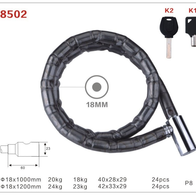 GK201.101 Κλειδαριά άρθρωσης – Ανθεκτική κλειδαριά κατά της κλοπής για πόρτες και μοτοσικλέτες, αλυσσοκλειδαριά; Υλικά: κράμα ψευδάργυρου, σίδηρος, PVC, PP; Μάρκα: Ginqo Gold Ball Lock Industry; Βάρος: 820 g