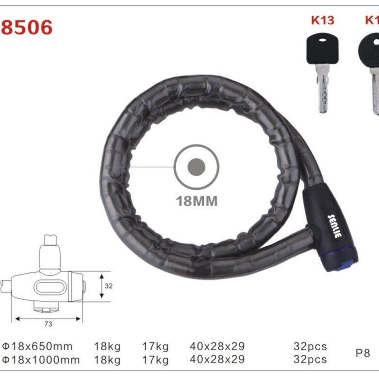GK201.101 Κλειδαριά άρθρωσης – Ανθεκτική κλειδαριά κατά της κλοπής για πόρτες και μοτοσικλέτες, αλυσσοκλειδαριά; Υλικά: κράμα ψευδάργυρου, σίδηρος, PVC, PP; Μάρκα: Ginqo Gold Ball Lock Industry; Βάρος: 820 g