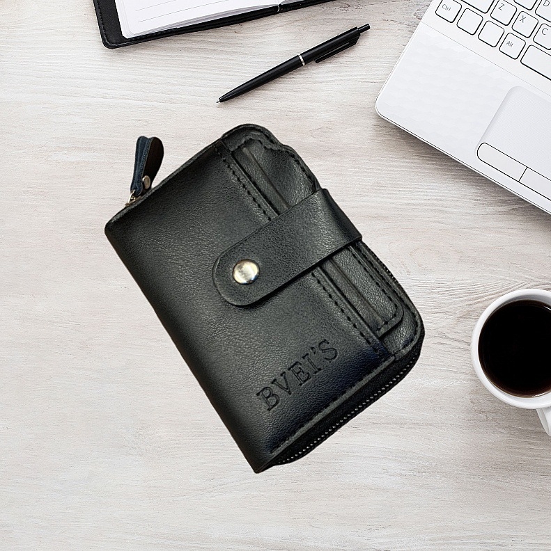 Portofel scurt pentru bărbați cu mai multe compartimente pentru carduri și buzunar pentru monede, piele PU, căptușeală din poliester, stil urban