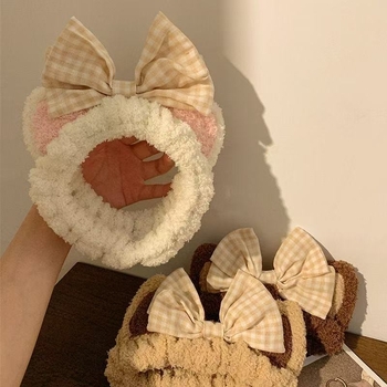 Bandă pentru spălarea feței cu urechi de pisică pufoase și funda, material: pânză, realizată manual, stil proaspăt și dulce